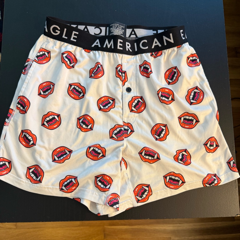 American Eagle White Pocket Boxer Briefs with Red Vampire Lips Print